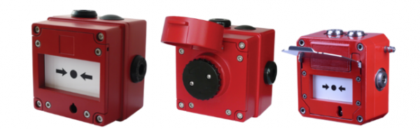 24 VDC, explosionsgefährdeter Bereich, manueller Rufpunkt, Druckknopf, SS316L rot, Hebeklappe